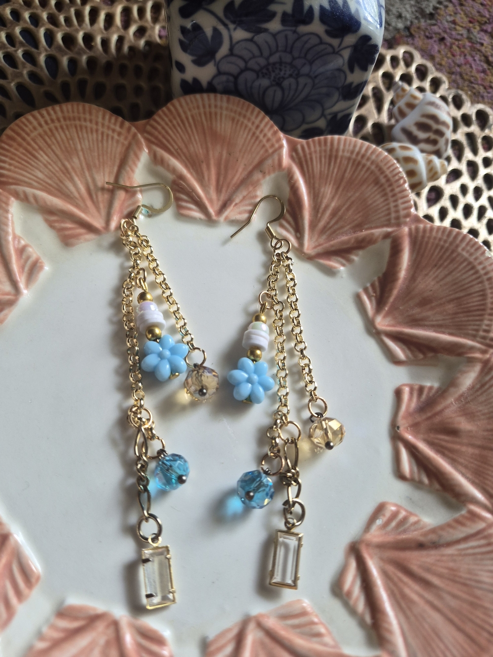 Gold-Tone Drop Earrings with Sky Blue Flower Accents